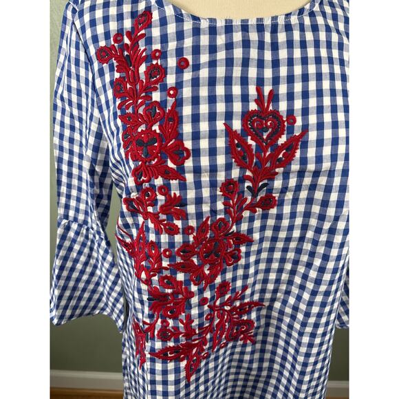 Chelsea & Theodore Women Small Checkered Bell Sleeve Floral Embroidered Dress - Picture 8 of 11